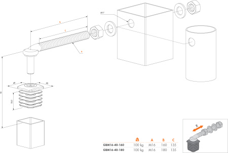 GBM16-DP-40-160 Набор петель для садовой калитки с алюминиевыми заглушками для профиля 40x40 mm