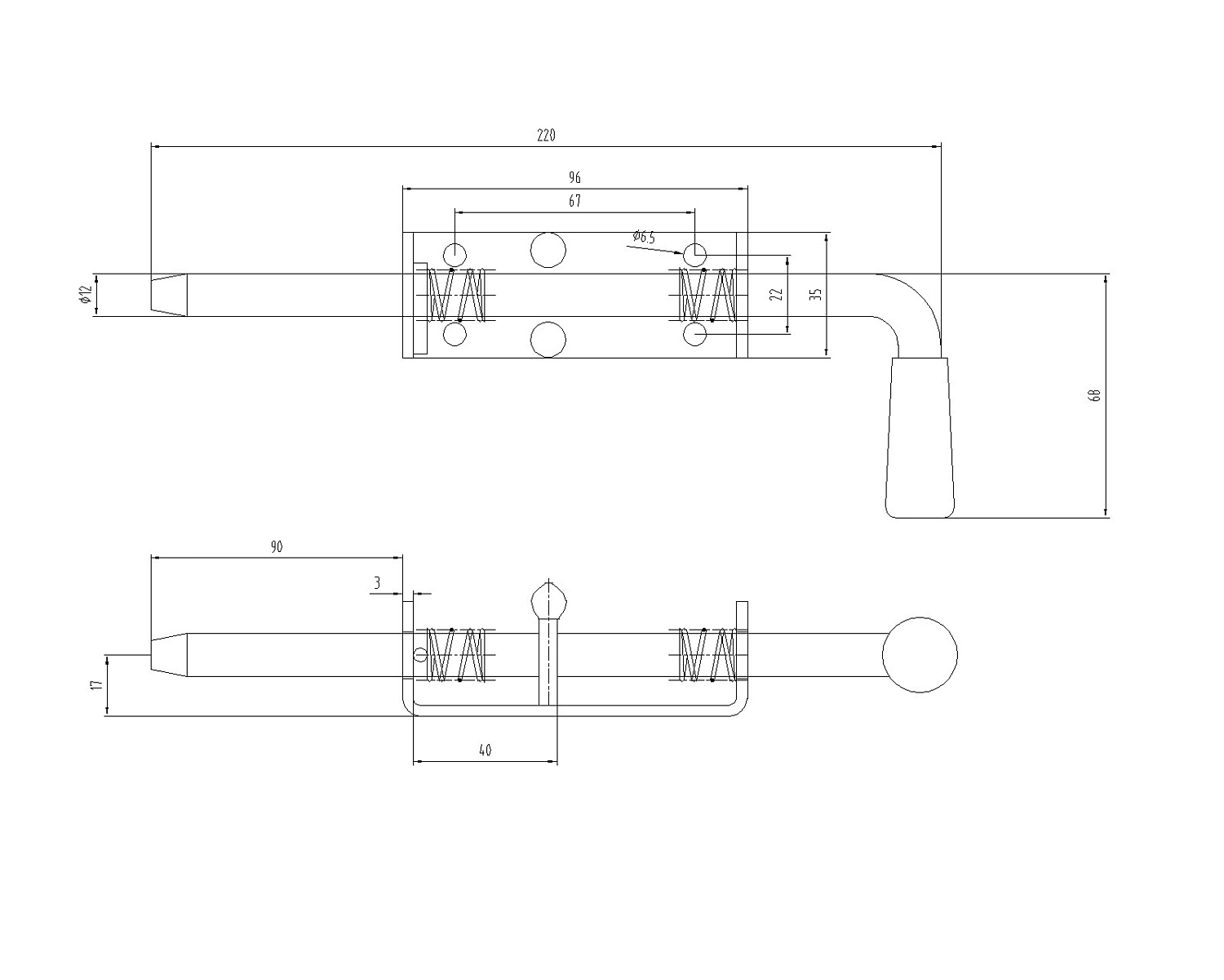 CX60A Засов вертикальный с пружиной 12*220 мм. Шток 12 мм.